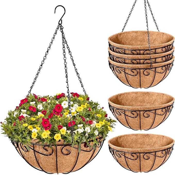 Legigo 6 Pack 12 Inch Metal Hanging Baskets for Plants Outdoor- Round Wire Hanging Planters Basket with Coconut Coir Liner, Hanging Flower Pot for Outdoor Plants Flowers Garden Decorations