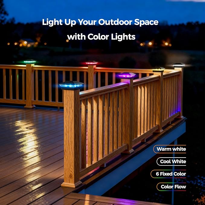 16Pack Solar Post Cap Lights - 8 RGB Color Changing Modes & Multicolor Flow, IP65 Waterproof - for 4x4/6x6 Wood & 4x4/5x5 Vinyl Fence Posts - Outdoor Deck, Patio, Garden Lights (Black)