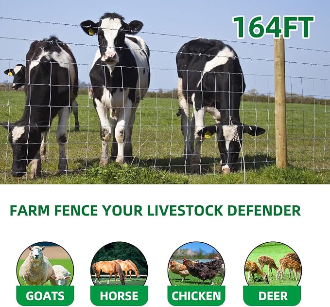 Livestock Fence, 4ft X 164ft Galvanized Wire Field Wire Fencing, Cattle Fence, Deer Fence, Heavy Zinc Coating Farm Fence Used to Hog Goat Fencing for Yard and Field Hog Horse