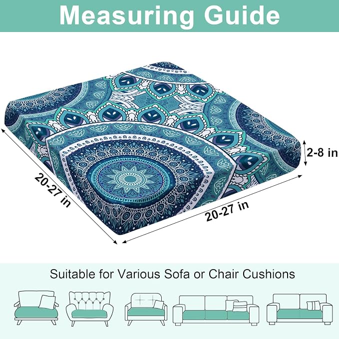 pickyNproud 8Pcs Patio Cushion Covers Stretch Outdoor Couch Cushions Slipcovers Replacement Washable Furniture Protector with Elastic Bottom Sofa Chair Seat Cover, Teal Mandala