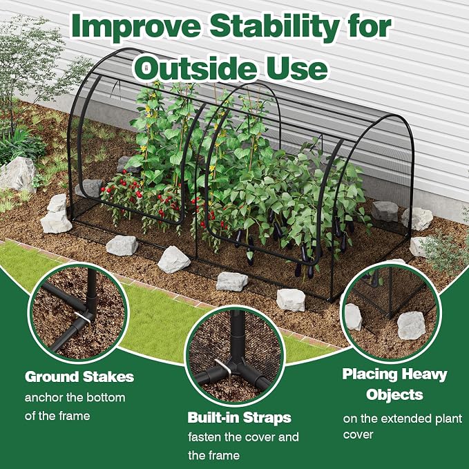 98x49x49in Garden Plant Netting Mesh Cover for Raised Bed, Crop Cage with Roll-up Zipper Door, Plant Protectors from Animals, Large Tunnel Gardening Net for Vegetables Fruits Tomato, Black