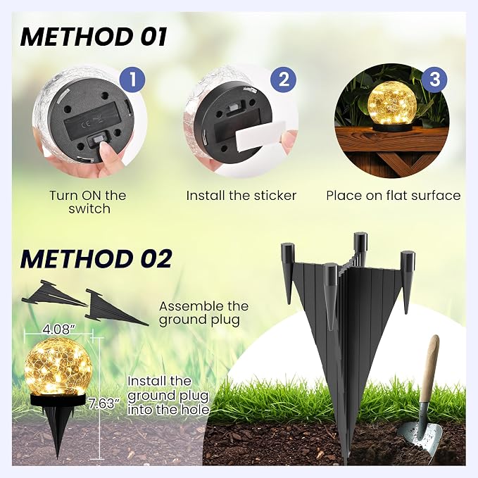 Solar Lights Outdoor for Yard Patio Porch, Garden Decor Birthday Gifts for Mom Women, Solar Globe Lights Waterproof Cracked Glass Ball Outdoor Decorations Balcony Backyard (4 Pack Warm White)