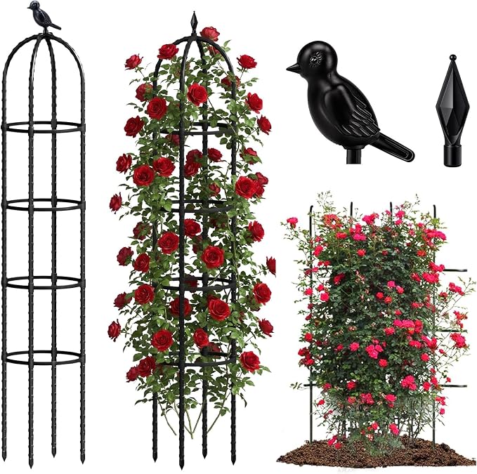 Joyhalo 2 Pack Trellis for Climbing Plants Outdoor, 6.2ft High Adjustable Garden Trellis for Flowers, Black Plastic Coated Steel Plant Stakes Use As Tomato Cage