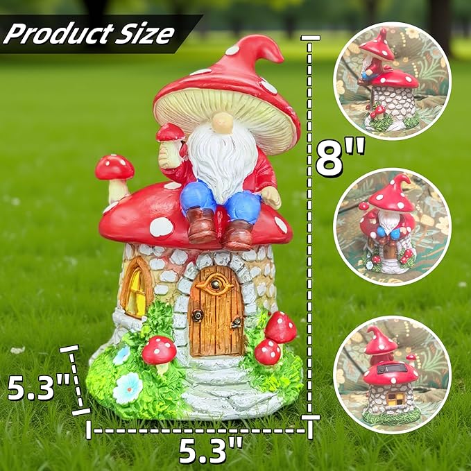Solar Mushroom Gnomes Houses Figurine Lights, 8" Height Fairy Garden House LED Ornaments for Outside, Lighting Statue for Yard Patio Lawn Porch, Gardening Gifts for Women Mom Grandma
