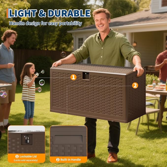 73 Gallon Outdoor Deck Box, Lockable Waterproof Outdoor Resin Box with Lid, Patio Storage Bin for Patio Furniture, Garden Tools, Pool Accessories - Brown
