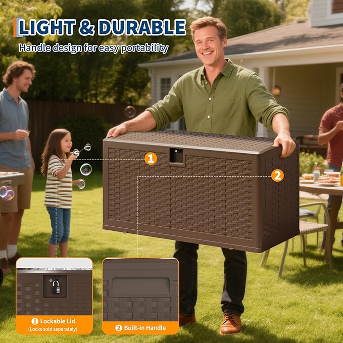 73 Gallon Outdoor Storage Box, Waterproof Resin Deck Box with Lockable Lid & Built in Handles, 270 LB Capacity, Weather Resistant Storage Bin for Patio Porch Garden Poolside, Brown