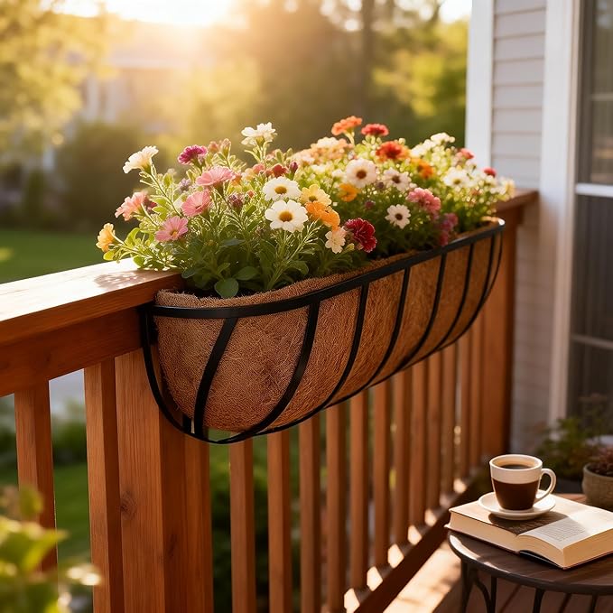 2 Packs Planter Box for Deck Railing 24" Black Metal Hanging Planter Basket with Coco Coir Liner Metal Window Planter Plant Holder Flower Pots