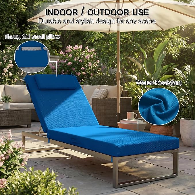 Outdoor Chaise Lounge Cushions, 72x21 Inch Olefin Water & Fade Resistant Pool Lounge Chair Cushions, Patio Sun Lounger Pad with Pillow & Straps for Patio, Pool, Deck, Lawn, Dark Blue