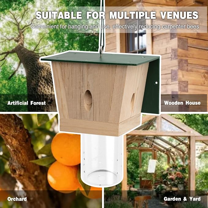Carpenter Bee Trap for Outside - Green Pentroof Shed Style Nature Hanging Wood Carpenter Bee Traps Outdoor - Best Bee Trap - Insect Traps with Removable Vault (1 Pack)