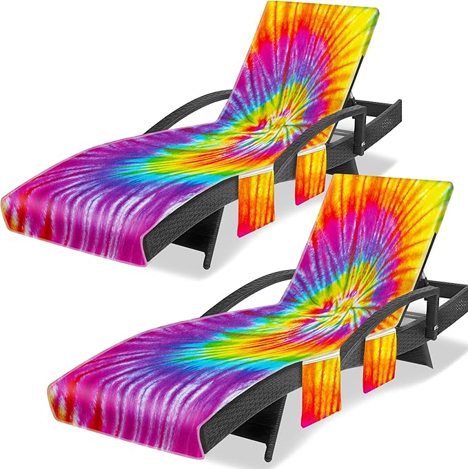Lounge Chair Towel Cover, Tie Dye Style Chaise Lounge Cover (Pack of 2), Beach Chair Covers with Pockets for Pool Sunbathing Beach Garden Courtyard Outdoor Trips, 85 x30 in, Rainbow Red