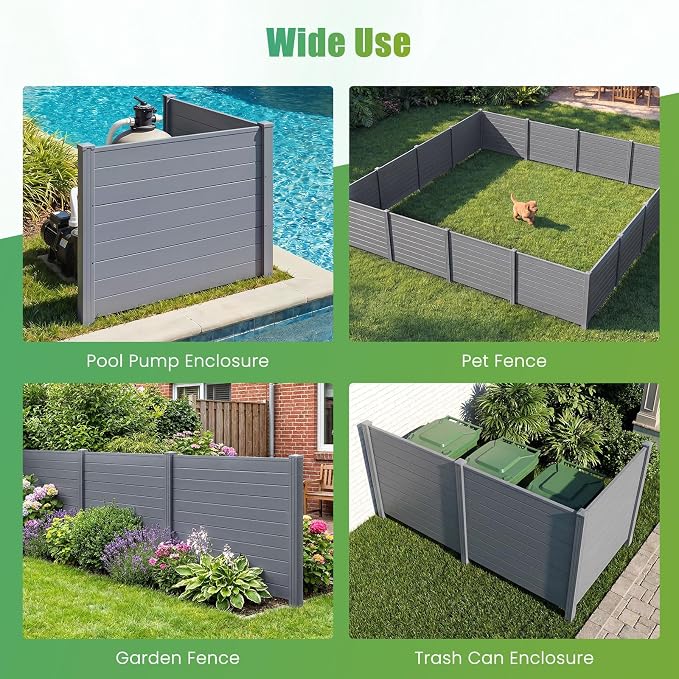 HAPPYGRILL Air Conditioner Fence, 2 Panels Outdoor Privacy Screens with Metal Stakes, No Dig Pool Equipment Enclosure, 48" x 38" Trash Can Screen Fence Kit for Outside Backyard, Gray