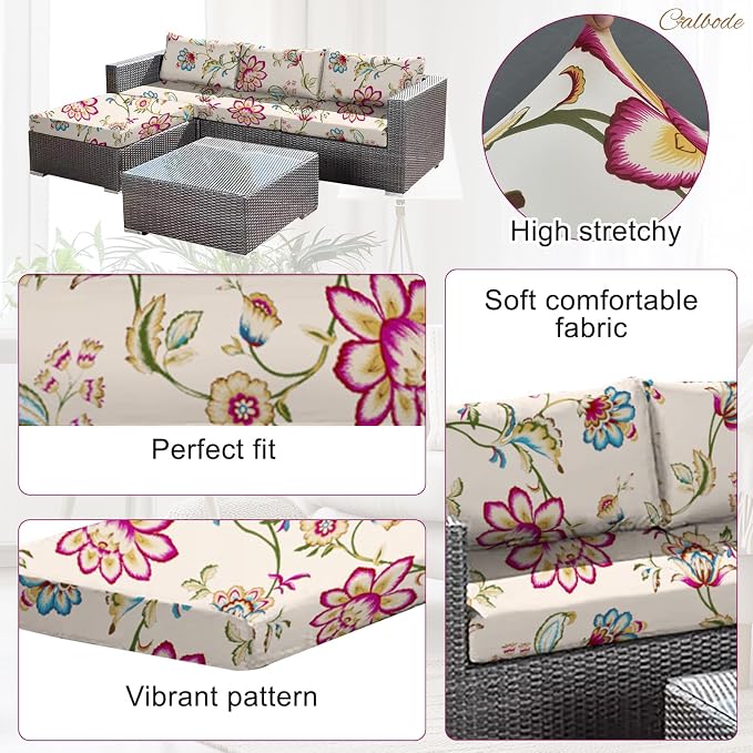 CALBODE 8pcs Single Seat Floral Print Outdoor Couch Cover, Waterproof Elastic Removable Half-Wrapped Sofa Seat Cushion, Suitable for Patio, Terrace, Garden Sofa Cushion
