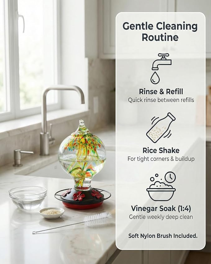 Hummingbird Feeder for Outdoors Hanging, 34 Oz, Handcrafted Gift Inner Glass Décor for Bird Garden Lover, Ant Moat & Bee-Resistant Ports, Hook & Brush Included (Golden Meadow)
