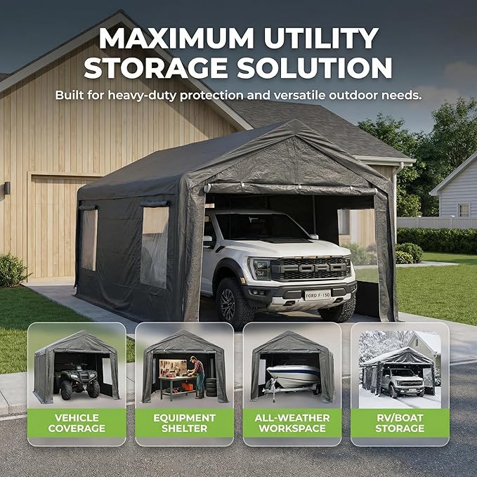 HOTEAGLE Storage Shed, 3/4 inch Thick Support Rods & Bolted Frame (Not Socket), Rolled Up Doors and Ventilation Window, Carports Car Tent 10X20 Ft