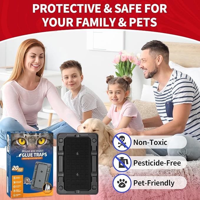 LULUCATCH Mouse Traps, 20 Pack Sticky Mouse Traps Indoor for Home, Pre-Baited Non-Toxic Bulk Glue Traps for Rats, Mice, Roach, Lizards, Pet Safe for Home & Garage, Easy to Use