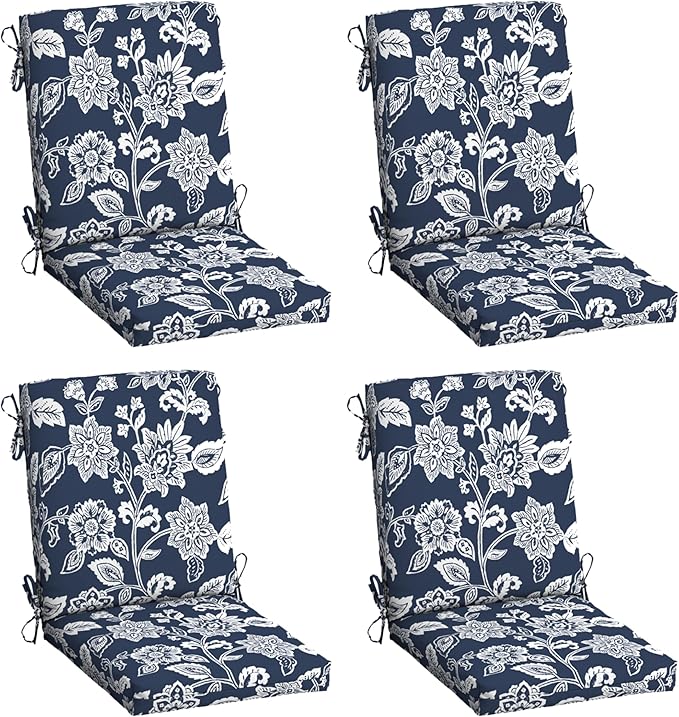 Arden 4-Pack Outdoor Patio Dining Chair Cushion, 20x44, Rain-Proof Seat Pad, Fade-Resistant Outdoor Cushion Sapphire Blue Ashland Jacobean