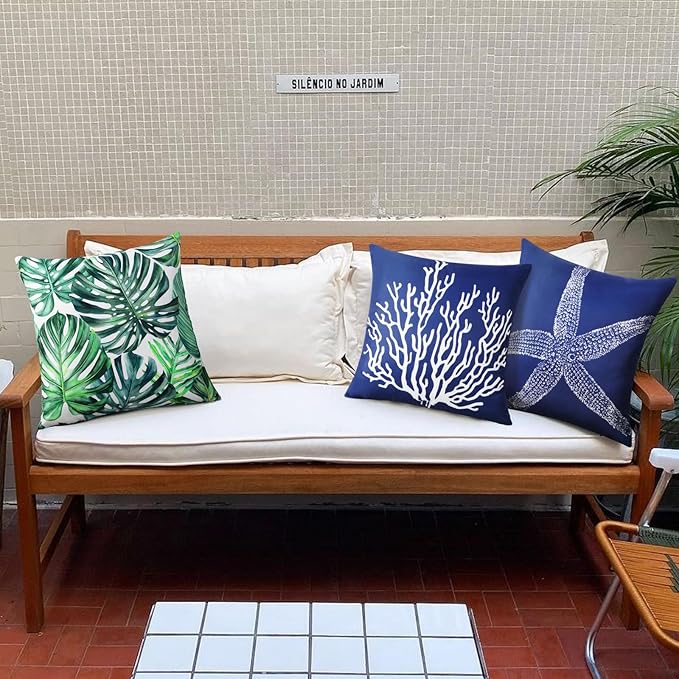 Adabana Spring Outdoor Waterproof Coastal Pillow Covers 18x18 Inch Set of 2 Nautical Starfish Coral Throw Pillow Covers Sunmmer Farmhouse Decorations for Beach Patio Sofa, Navy Blue
