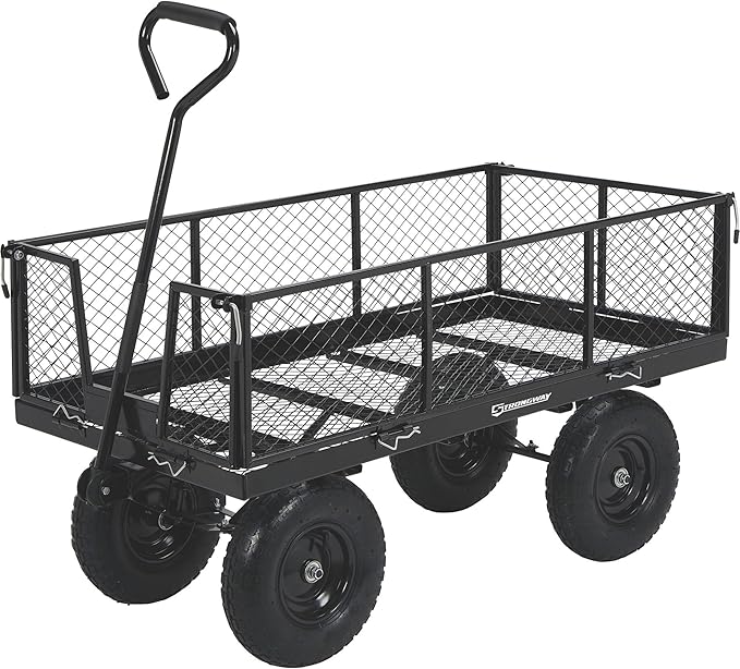 Strongway Steel Jumbo Garden Wagon with Removable Sides, 1400 Lb Capacity, 50 in. L x 24.1 in. W x 26.75 in. H, 13 in. Pneumatic Tires, Fold Down Panels, for Yard, Farm and Landscaping