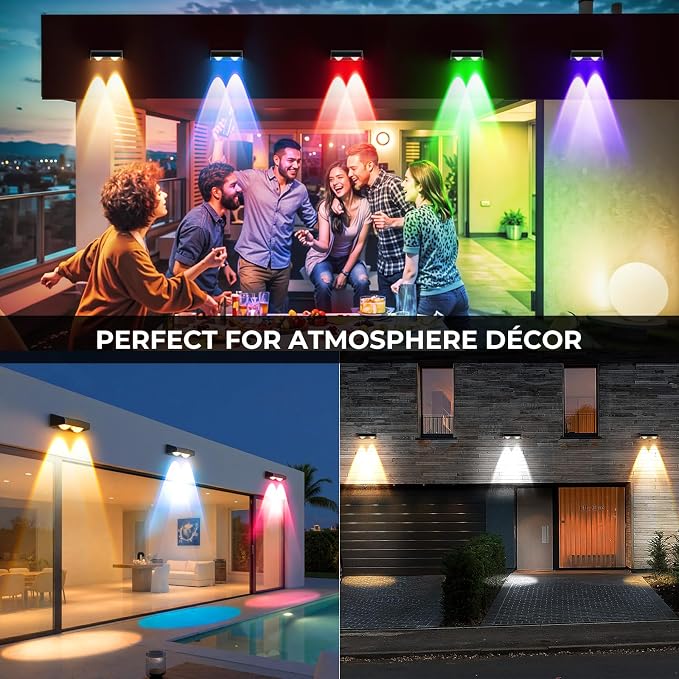 Fence Lights Solar Powered, Led Solar Fence Lights Outdoor IP65 Waterproof, Warm/Cool White and RGB Colors Changing Solar Wall Lights for Garage Backyard Railing Step Patio Pool - 2Pack