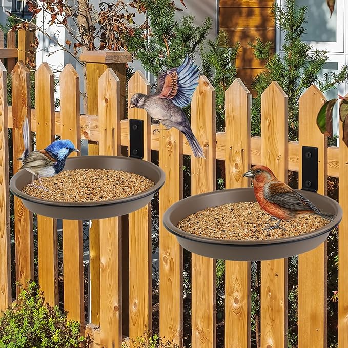 Tree Mounted Bird Feeder for Fence Outside 6 Pack, 8.4" Plastic Wild Bird Bath Tray with Metal Holder for Wood Post, Heavy Duty Wall Mount Squirrel Platform Water Feeder Station Outdoor Yard