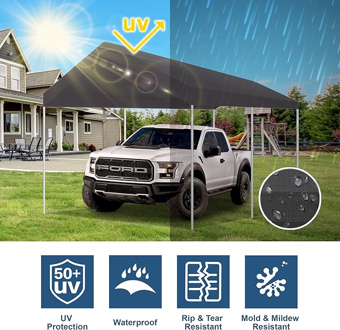 10' x 20' Upgraded Carport Replacement Canopy Cover Grey for Car Garage Shelter Party Tent Top Tarp with Ball Bungees (Only Top Cover, Frame is not Included)
