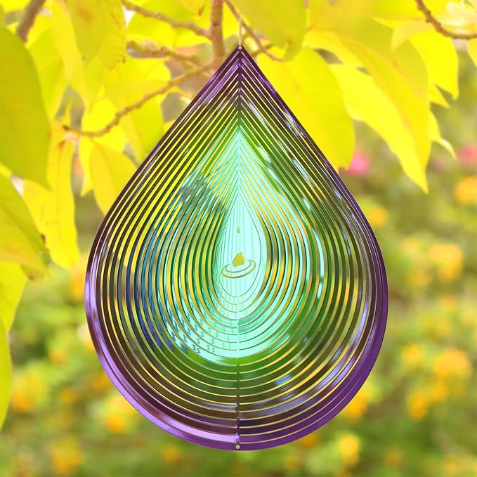 Wind Spinner Garden Indoor Outdoor Decor 3D Stainless Steel Metal Hanging Decorations, Water Droplets Shape Wind Sculptures & Spinners 12inch(Green&Purple),Gifts for Women Mom Dad Friend