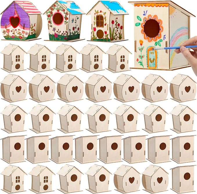 DoubleFill 12 Pcs Bulk Wooden Bird Houses Kits for Kids Mini Bird House for Craft DIY Unfinished Wood Birdhouse to Paint, Build for Children Wooden Arts Classroom Activity, 4 Styles