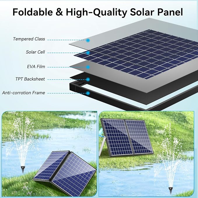 POPOSOAP 55W Solar Fountain Pump, 580GPH Solar Pond Pump with Water Flow Adjustable, Solar Powered Water Pump with PVC Tubing & 16.5FT + 9.8FT Cord For Ponds, Garden, Waterfall, Hydroponics-P155H