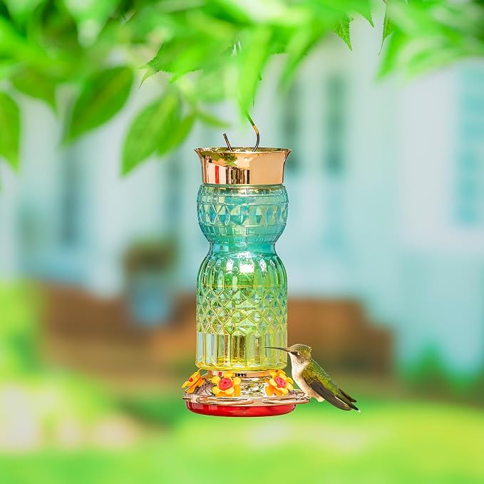 Evergreen Garden Iridescent Glass Hummingbird Feeder, 31 Ounces Hanging Bird Feeder Outdoors for Garden, Patio (Green Ombre)