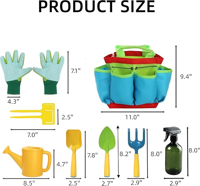 Cididu 8PCS Kids Garden Tools Set, Boys Girls Gardening Kit Tools Including Watering Can, Spray Bottle, Tote Bag, Trowel, Rake, Outdoor Garden Toy Gift for Beach