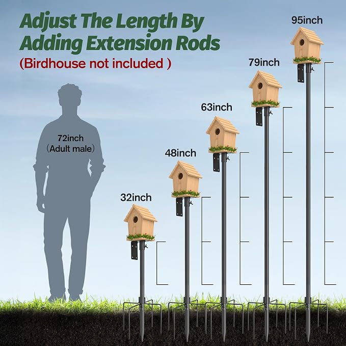 95 Inch Bird Feeder Pole Kit, 5-Prong Base, Hanging Hook | Heavy-Duty Metal Pole, for Bird Houses, Garden Décor, Backyard and Patio Use