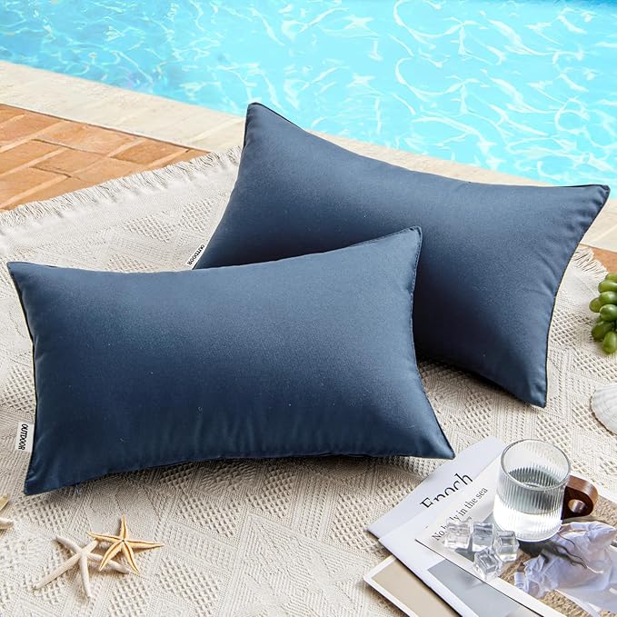 MIULEE Pack of 2 Decorative Outdoor Waterproof Pillow Covers Rectangular Garden Cushion Sham Throw Pillowcase Summer Shell for Patio Tent Couch 12x20 Inch Dark Blue