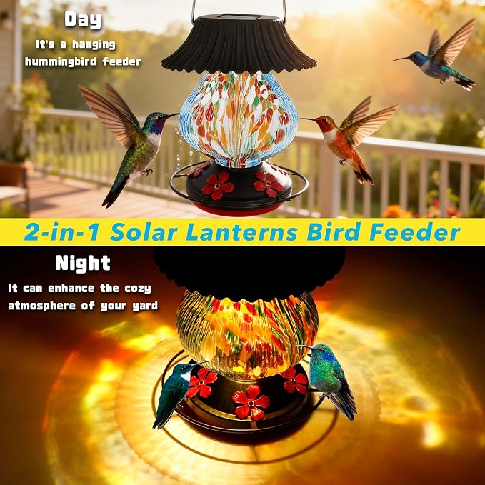 Solar Hummingbird Feeder-5 Feeding Ports with Perch, Hand Blown Glass Blue Spark Color Changing-Never Leak, Multicolor Night Lights – Perfect Hummingbird Feeder for Outdoors for Nature Enthusiasts