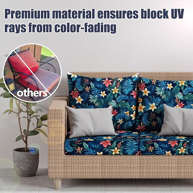 14Pcs Patio Stretch Cushion Covers, Outdoor Couch & Sofa Replacement Slipcovers for Patio Furniture Cushion Covers, Washable Reusable Furniture Protector, Square Large, Tropical Flower