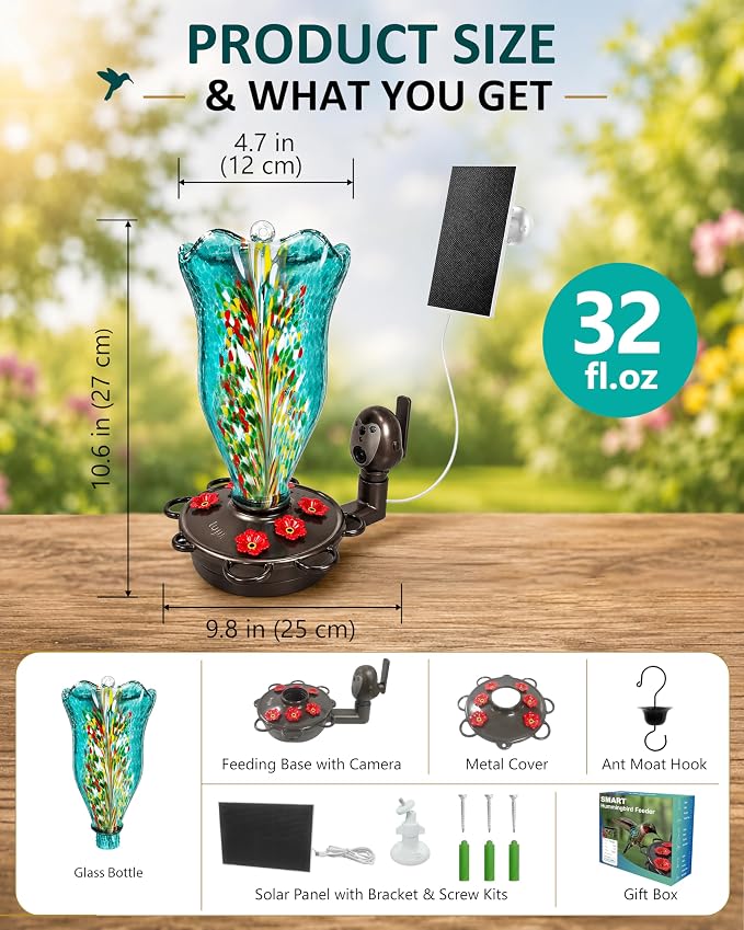 LUJII Smart Hummingbird Feeder with Camera for Outdoor Hanging, Hand Blown Glass, Solar WiFi Feeder with Live View App, 6 Feeding Ports, Leak-Resistant Design, Ant Moat & Gift Box, 32 fl oz, Teal