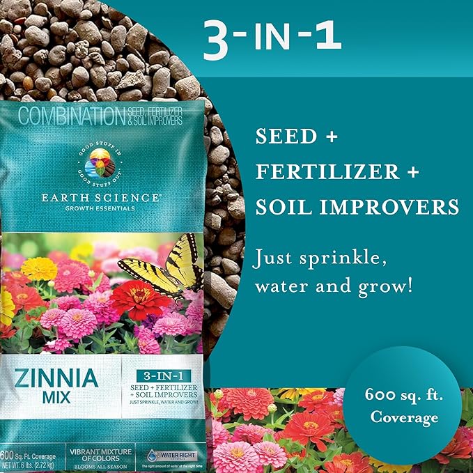 Earth Science Zinnia Wildflower Mix for 2026—6lb – 3-in-1 Seeds Plant Food & Soil Conditioner – Non-GMO Vibrant Flowers for Gardens Low Maintenance Attracts Pollinators – Covers 600 Sq Ft Eco-Friendly