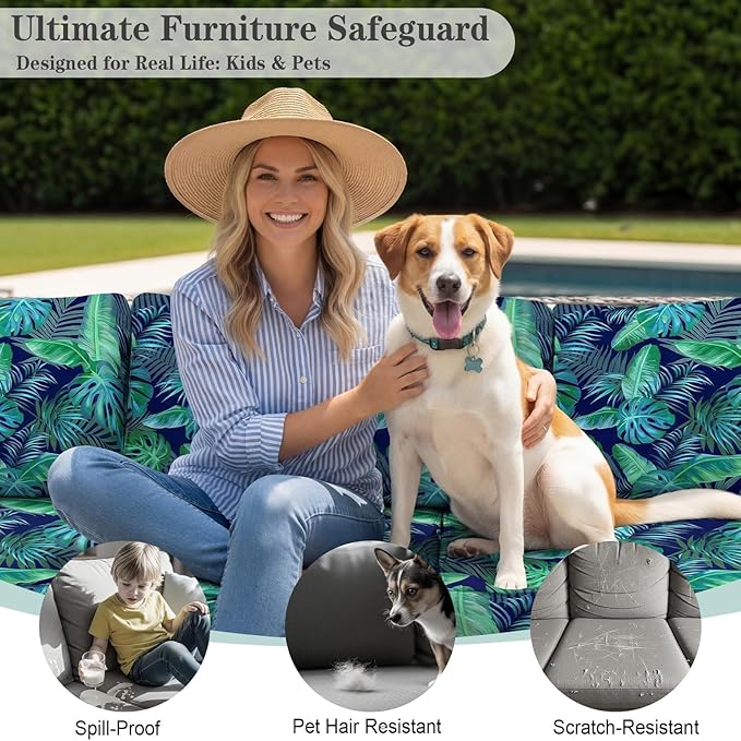 8 Pack Outdoor Cushion Covers Water Resistant High Stretch Fit Patio Cushion Covers 180g Couch Seat Slipcovers Machine Washable Pet & Kids Friendly Home Refresh 20-27 Inch, Palm Leaves