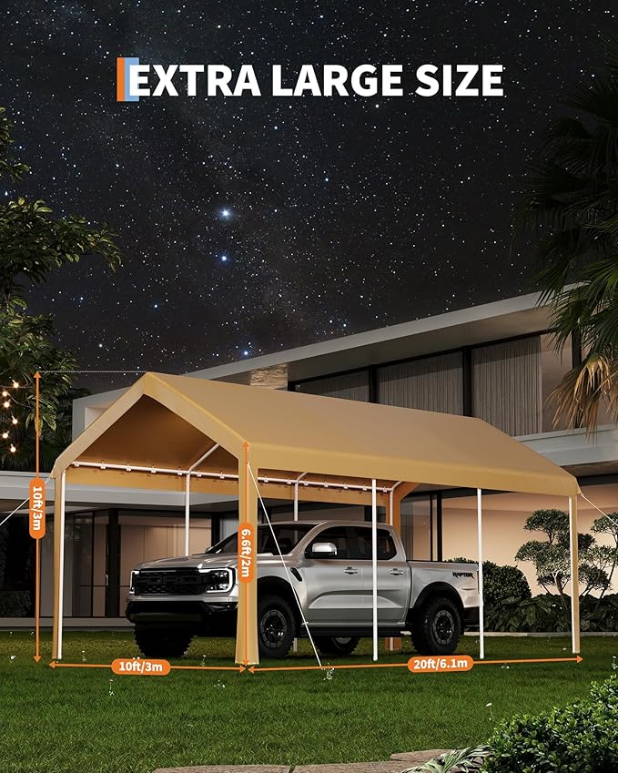 10 Ft x 20 Ft Carport Canopy, Portable Heavy Duty Garage Shelter with 8 Legs, Outdoor Car Shelter Tent with All-Season Tarp for Car, Truck, SUV, Boat