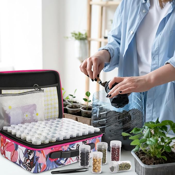 Seed Storage Organizer 140 Slots Seed Organizer Storage Box, Portable Seed Packet Organizer Box with Zipper Bag, Labels, Sorting Tray, Garden Seed Storage Container for Flower Plants