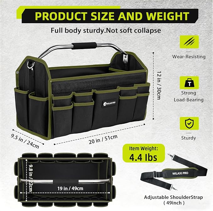 20in Foldable Open Top Tool Bags For Men Heavy Duty, Tool Carrier hard With Handle, Wide Mouth Electrician Tool Tote, Many Pockets Can Hold Many Tool, Green