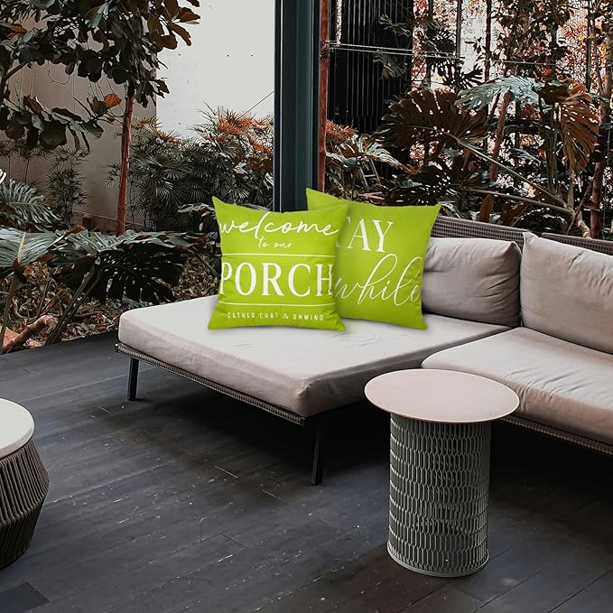 TAJWE Green Outdoor Pillow Covers Waterproof 18x18 Set of 2 Welcome to Our Porch Stay Awhile Cushion Cases for Patio Furniture Sofa Couch Decor