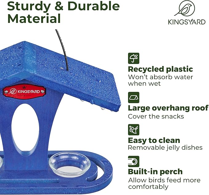 Kingsyard Bird Feeder for Outdoor Hanging, Recyceled Plastic Bluebird Feeders for mealworm, Two Dishes w/ 5 oz, Durable & Weatherproof, for Bird Lovers, Blue