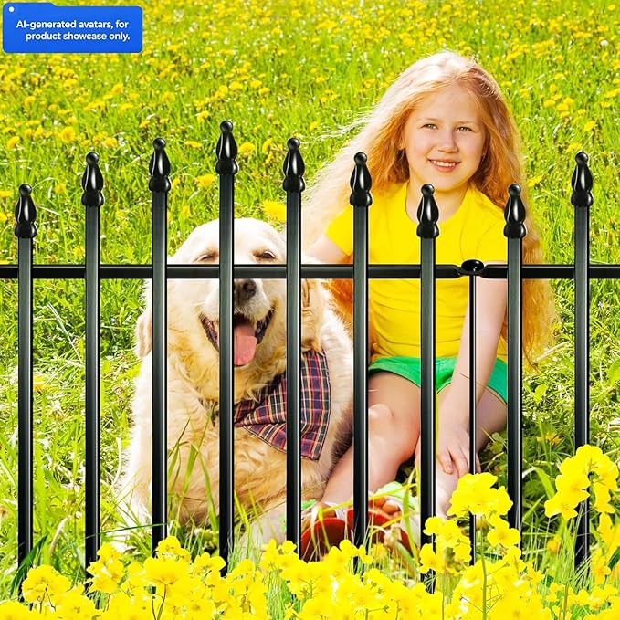 Thealyn Metal Garden Fence Panels 32" H x 24" W (5 Panels, 10 Ft Total) No Digging Decorative Garden Border Fence, Rust-Resistant Black Landscape Edging for Flower Beds, Yard, Patio