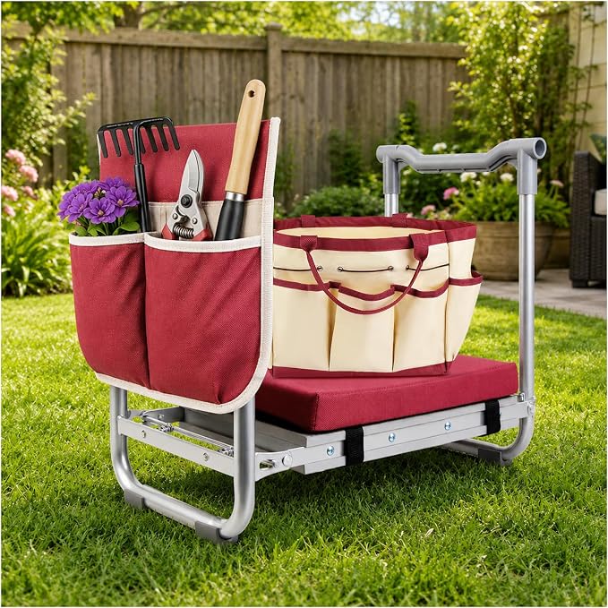 Garden Kneeler and Seat, 2 in 1 Foldable Garden Stool, Portable Gardening Seat with Thick Soft Pad & Tool Bag, Supports Up to 400lbs
