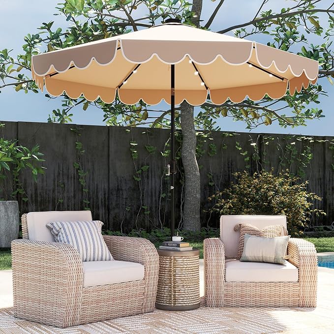 Tangkula 10FT Solar LED Patio Umbrella, 2-Tiers Scalloped Outdoor Table Market Umbrella with 24 LED Lights, Vented Top, Tilt Adjustment, Crank, 8 Ribs for Backyard Poolside Deck Beach Lawn (Coffee)