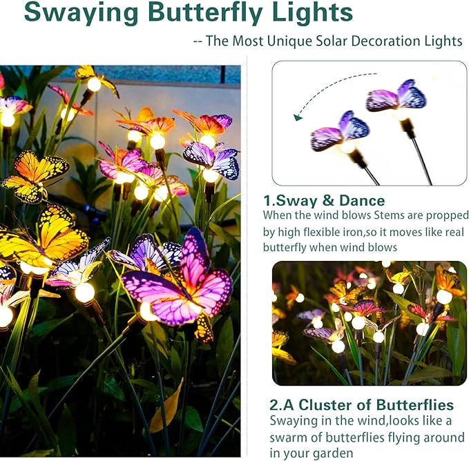 TONULAX Solar Garden Lights - 6 Pack Swaying Butterfly Light, Swaying in The Wind, Solar Outdoor Lights, Yard Patio Pathway Decoration, High Flexibility Iron Wire & Realistic Butterflies