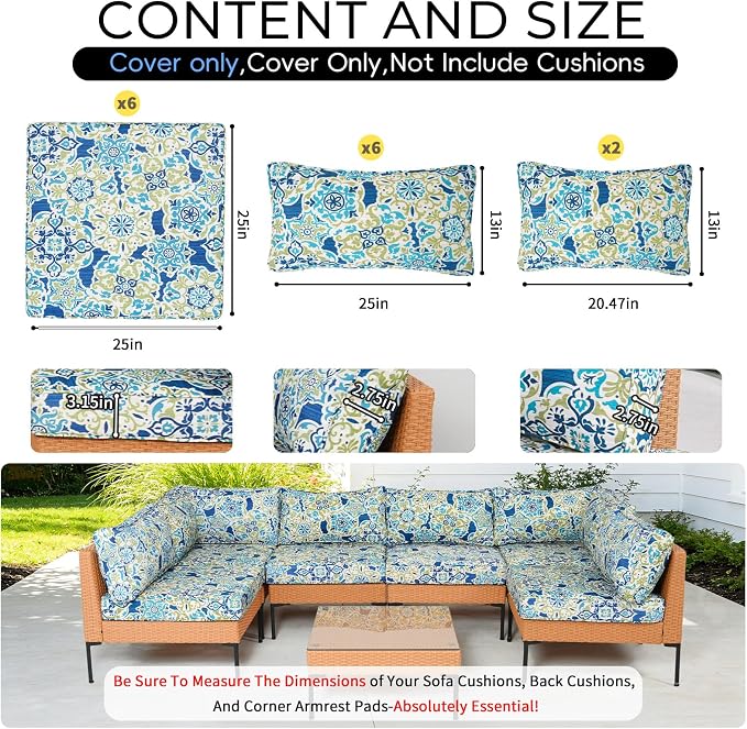 14 Piece Outdoor Patio Cushion Covers Replacement Waterproof with Zipper for 6-Seater Sectional Couch Chair Patio Furniture Conversation Sofa Seat Cushions Slipcovers Set, Only Cover