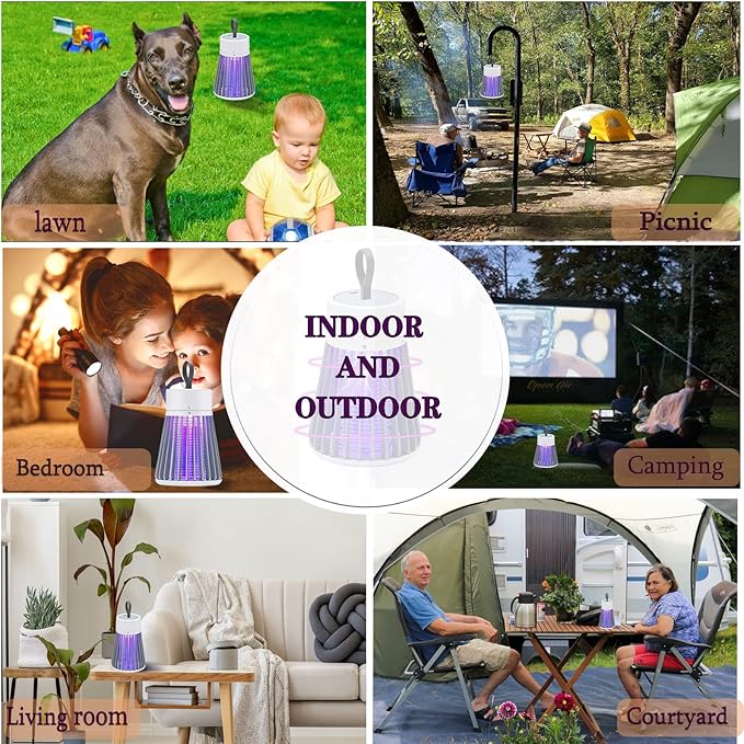 Rechargeable Mosquito Zapper for Home & Camping - UV Purple Light Electric Insect Trap, USB Charging, Safety Grid, Indoor/Outdoor Bug Killer (Gray)