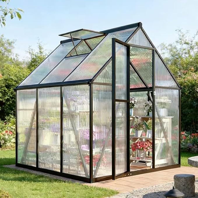 6x6 FT Greenhouse for Outdoors, Polycarbonate Greenhouse with Quick Setup Structure and Roof Vent, Aluminum Large Walk-in Green House for Outside Garden Backyard, Dark Gray