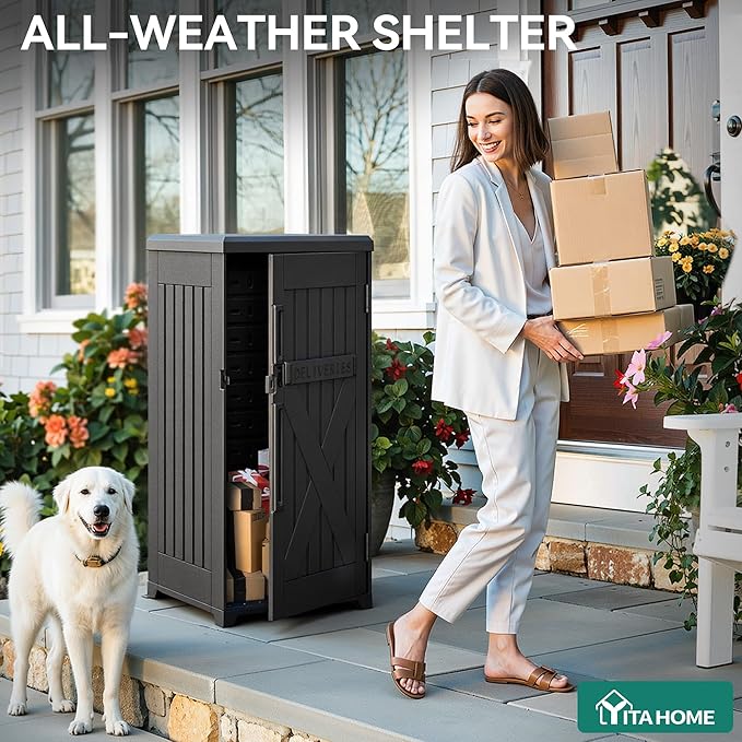 YITAHOME 60-Gallon Secure Package Delivery and Storage Box, Double-Wall Resin, Weatherproof, for Outdoor Use, Curbside or Porch, 8.5 Cubic Feet, Gray